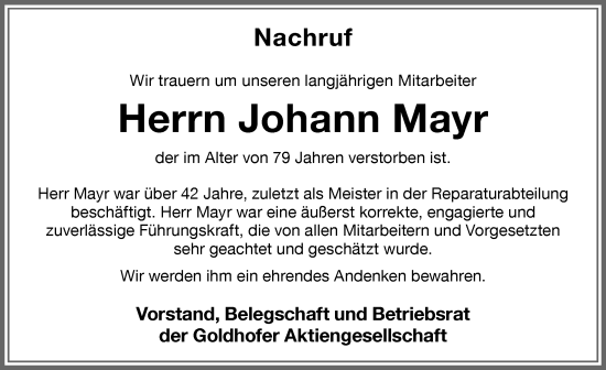 Traueranzeige von Johann Mayr von Memminger Zeitung