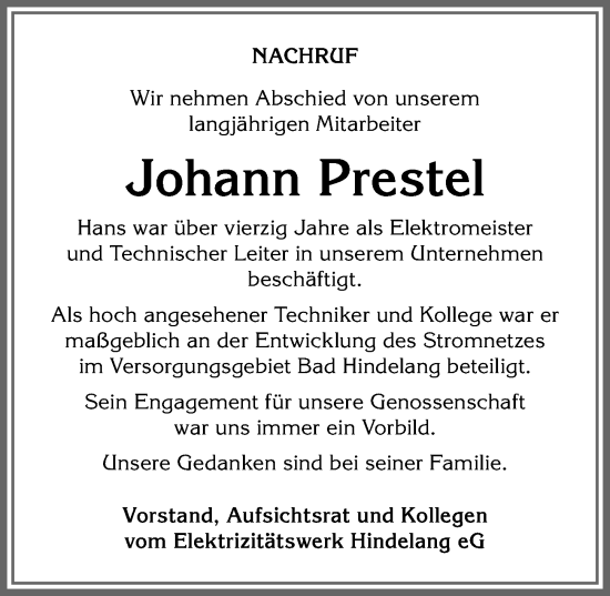 Traueranzeige von Johann Prestel von Allgäuer Anzeigeblatt