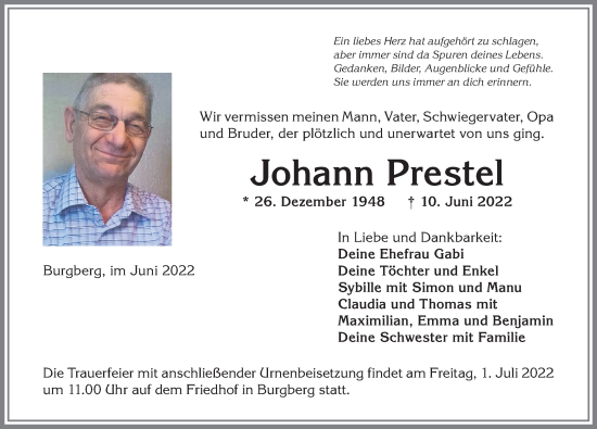 Traueranzeige von Johann Prestel von Allgäuer Anzeigeblatt