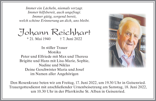 Traueranzeige von Johann Reichhart von Allgäuer Zeitung, Marktoberdorf