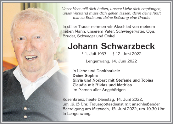 Traueranzeige von Johann Schwarzbeck von Allgäuer Zeitung, Marktoberdorf