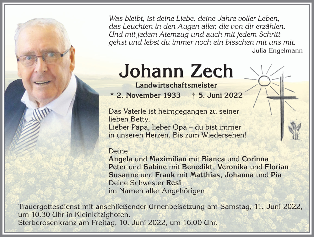  Traueranzeige für Johann Zech vom 09.06.2022 aus Allgäuer Zeitung, Kaufbeuren/Buchloe