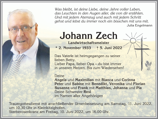 Traueranzeige von Johann Zech von Allgäuer Zeitung, Kaufbeuren/Buchloe