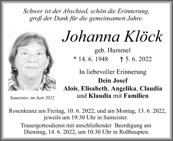 Traueranzeige von Johanna Klöck von Allgäuer Zeitung, Füssen