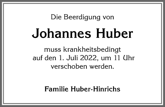 Traueranzeige von Johannes Huber von Der Westallgäuer