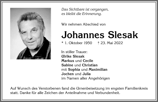 Traueranzeige von Johannes Slesak von Allgäuer Zeitung, Marktoberdorf