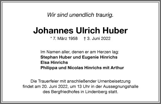 Traueranzeige von Johannes Ulrich Huber von Der Westallgäuer