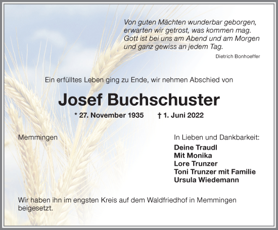 Traueranzeige von Josef Buchschuster von Memminger Zeitung