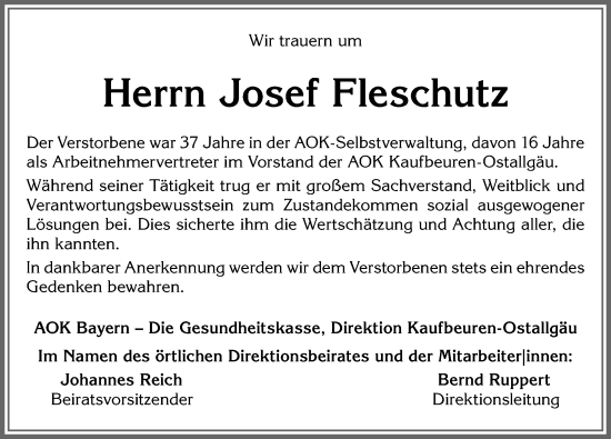 Traueranzeige von Josef Fleschutz von Allgäuer Zeitung, Füssen