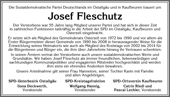 Traueranzeige von Josef Fleschutz von Allgäuer Zeitung, Kaufbeuren/Buchloe