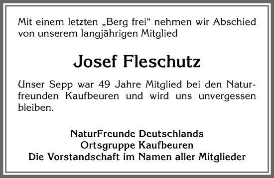 Traueranzeige von Josef Fleschutz von Allgäuer Zeitung, Kaufbeuren/Buchloe