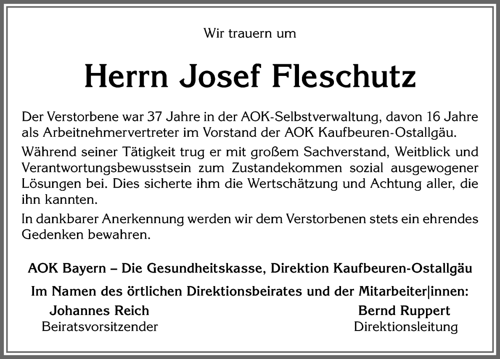  Traueranzeige für Josef Fleschutz vom 02.06.2022 aus Allgäuer Zeitung, Füssen