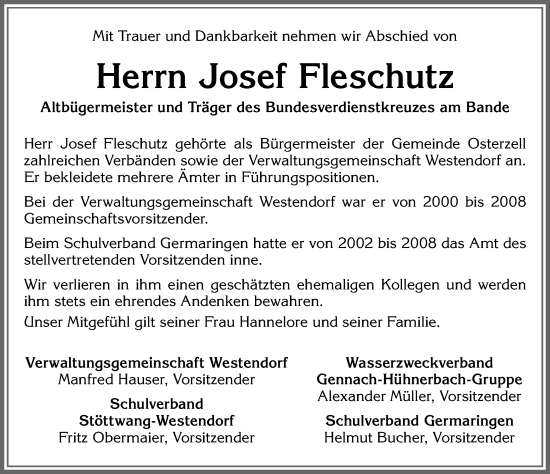 Traueranzeige von Josef Fleschutz von Allgäuer Zeitung, Kaufbeuren/Buchloe