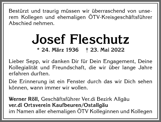 Traueranzeige von Josef Fleschutz von Allgäuer Zeitung, Kaufbeuren/Buchloe