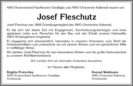 Traueranzeige von Josef Fleschutz von Allgäuer Zeitung, Kaufbeuren/Buchloe