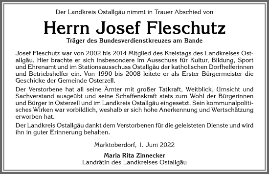 Traueranzeige von Josef Fleschutz von Allgäuer Zeitung, Kaufbeuren/Buchloe
