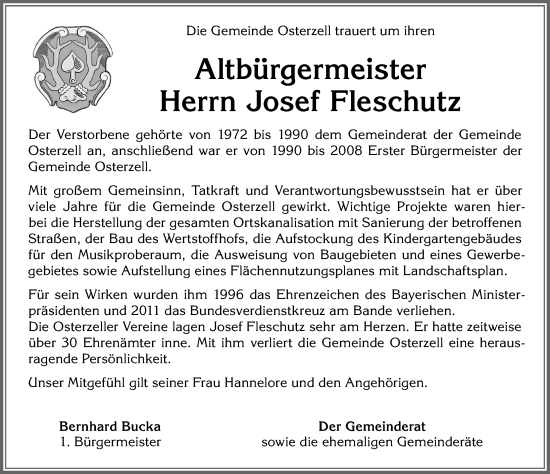 Traueranzeige von Josef Fleschutz von Allgäuer Zeitung, Kaufbeuren/Buchloe