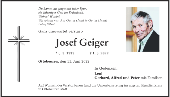 Traueranzeige von Josef Geiger von Memminger Zeitung