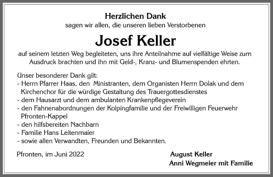 Traueranzeige von Josef Keller von Allgäuer Zeitung, Füssen