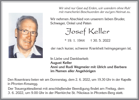 Traueranzeige von Josef Keller von Allgäuer Zeitung, Füssen