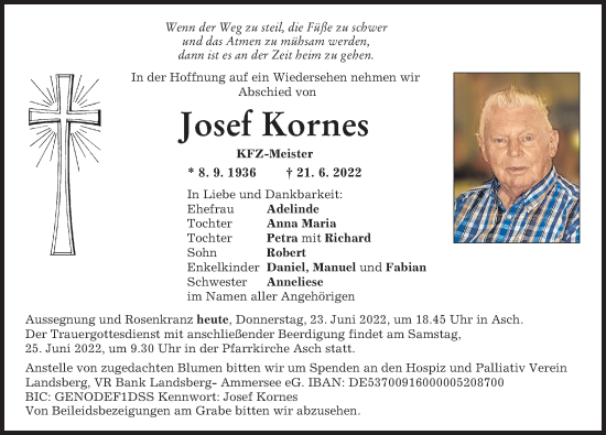 Traueranzeige von Josef Kornes von Augsburger Allgemeine, Landsberger Tagblatt