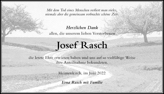 Traueranzeige von Josef Rasch von Der Westallgäuer