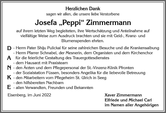 Traueranzeige von Josefa Zimmermann von Allgäuer Zeitung, Füssen