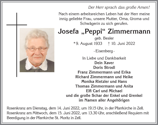 Traueranzeige von Josefa Zimmermann von Allgäuer Zeitung, Füssen