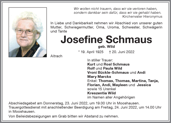 Traueranzeige von Josefine Schmaus von Memminger Zeitung