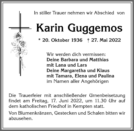 Traueranzeige von Karin Guggemos von Allgäuer Zeitung,Kempten