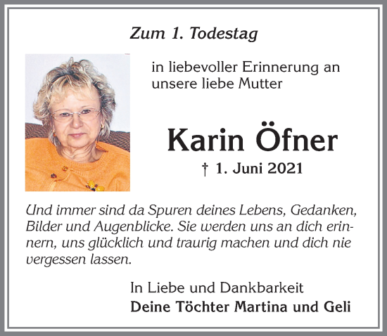 Traueranzeige von Karin Öfner von Allgäuer Zeitung, Kaufbeuren/Buchloe