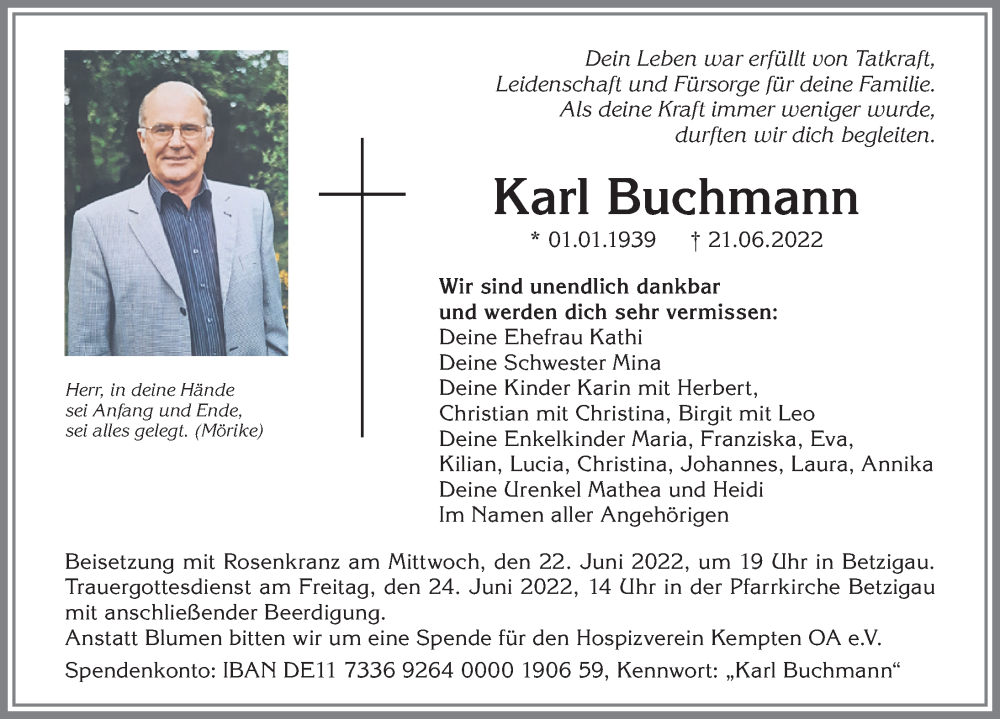  Traueranzeige für Karl Buchmann vom 22.06.2022 aus Allgäuer Zeitung,Kempten