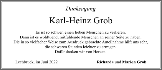 Traueranzeige von Karl-Heinz Grob von Allgäuer Zeitung, Füssen