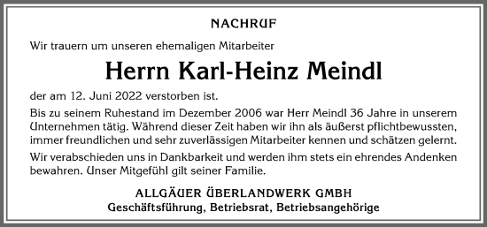 Traueranzeige von Karl-Heinz Meindl von Allgäuer Zeitung,Kempten