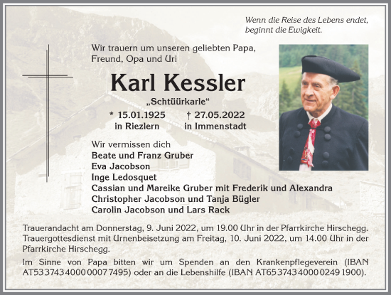 Traueranzeige von Karl Kessler von Allgäuer Anzeigeblatt