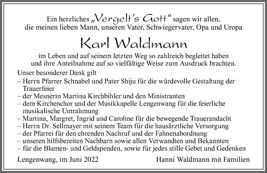 Traueranzeige von Karl Waldmann von Allgäuer Zeitung, Füssen