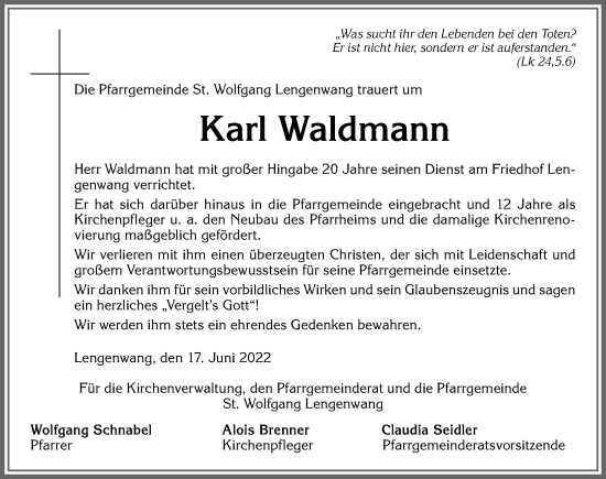Traueranzeige von Karl Waldmann von Allgäuer Zeitung, Füssen
