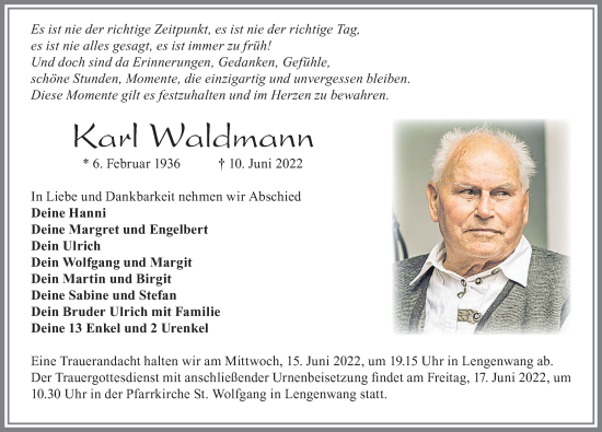 Traueranzeige von Karl Waldmann von Allgäuer Zeitung, Marktoberdorf