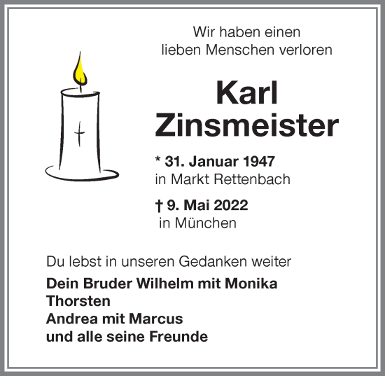 Traueranzeige von Karl Zinsmeister von Memminger Zeitung