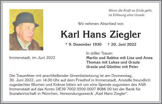 Traueranzeige von Karl Hans Ziegler von Allgäuer Anzeigeblatt