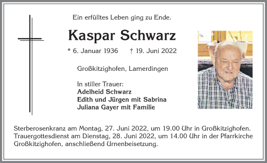 Traueranzeige von Kaspar Schwarz von Allgäuer Zeitung, Kaufbeuren/Buchloe