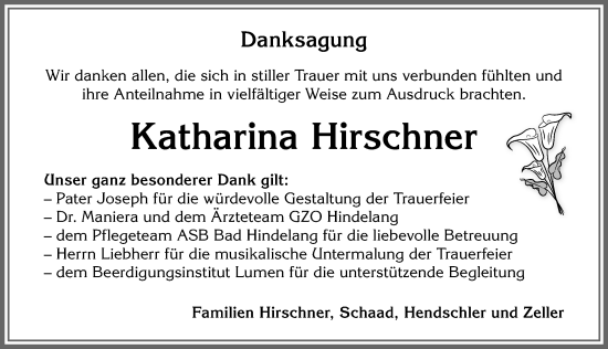 Traueranzeige von Katharina Hirschner von Allgäuer Anzeigeblatt