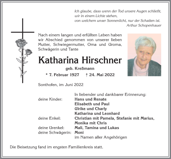 Traueranzeige von Katharina Hirschner von Allgäuer Anzeigeblatt