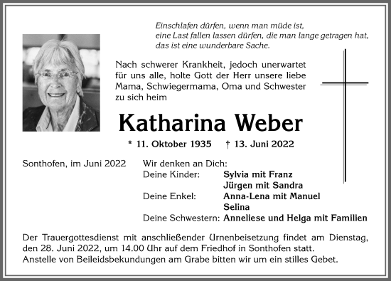 Traueranzeige von Katharina Weber von Allgäuer Anzeigeblatt