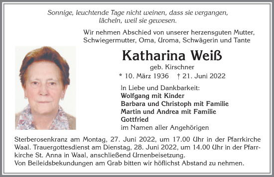 Traueranzeige von Katharina Weiß von Allgäuer Zeitung, Kaufbeuren/Buchloe