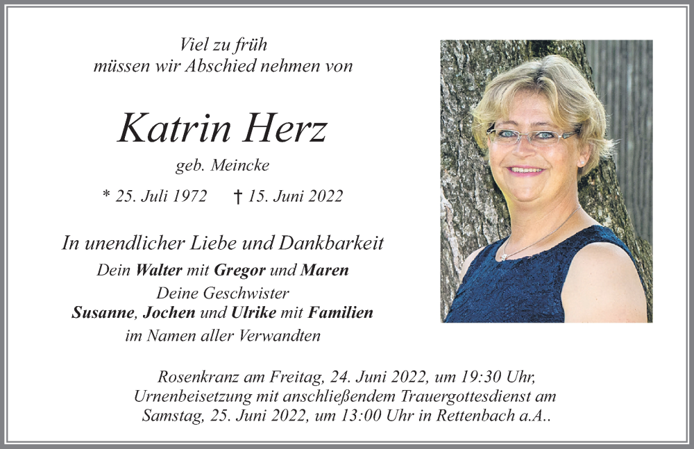  Traueranzeige für Katrin Herz vom 22.06.2022 aus Allgäuer Zeitung, Marktoberdorf