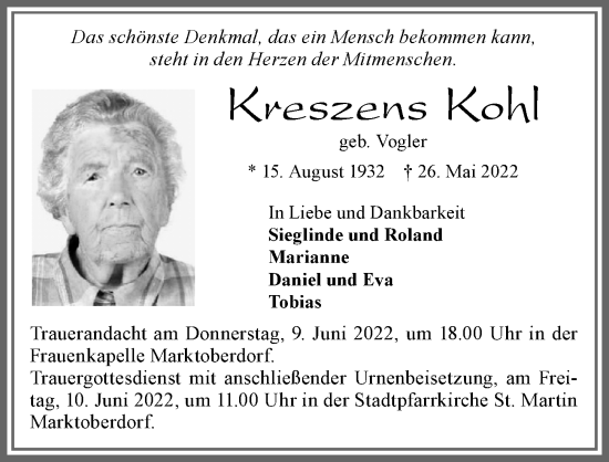 Traueranzeige von Kreszens Kohl von Allgäuer Zeitung, Marktoberdorf