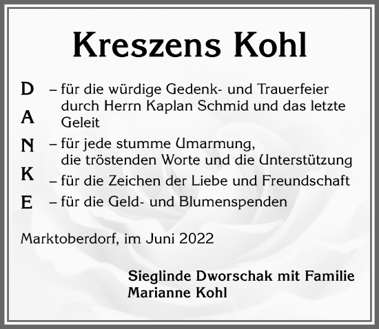 Traueranzeige von Kreszens Kohl von Allgäuer Zeitung, Marktoberdorf