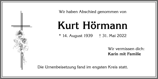 Traueranzeige von Kurt Hörmann von Allgäuer Zeitung,Kempten