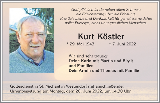 Traueranzeige von Kurt Köstler von Allgäuer Zeitung, Füssen